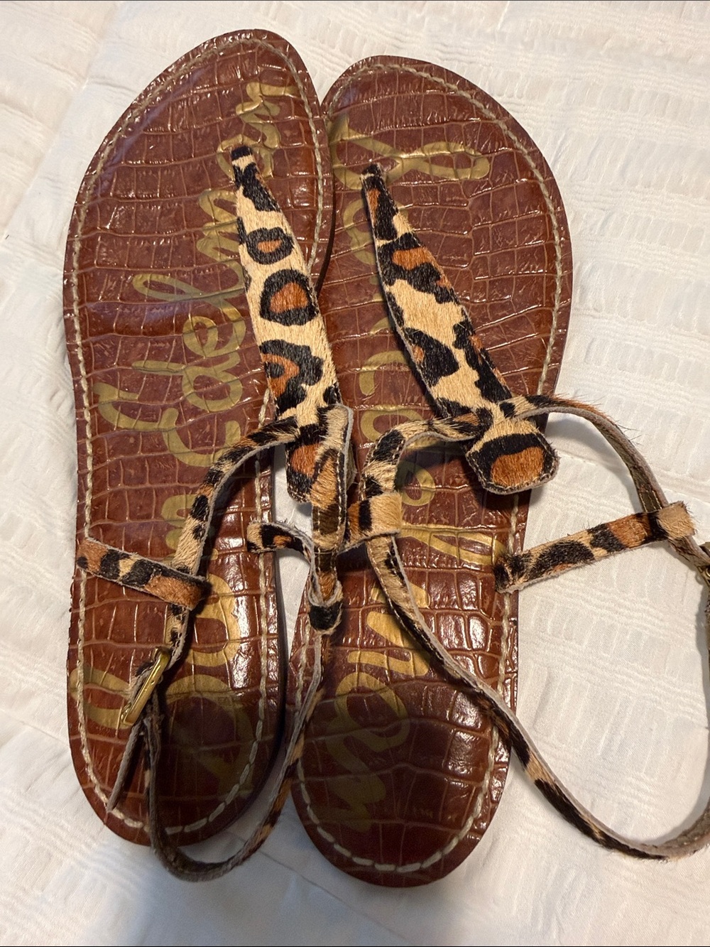 Sam Edelman Leopard Print T-Strap Leather Sandals - Brown/Leopard - Picture 3 of 3